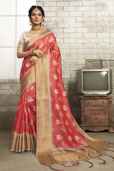 Pink printed art silk saree with blouse