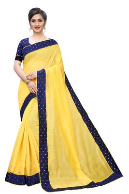 Yellow Chanderi Cotton Navy Blue Contrast Border Bollywood Saree With Blouse Piece. 1