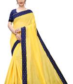 Yellow Chanderi Cotton Navy Blue Contrast Border Bollywood Saree With Blouse Piece.