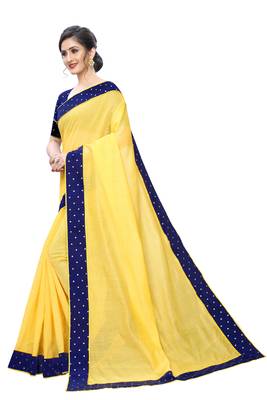 Yellow Chanderi Cotton Navy Blue Contrast Border Bollywood Saree With Blouse Piece. 2