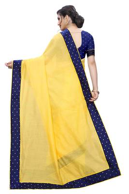 Yellow Chanderi Cotton Navy Blue Contrast Border Bollywood Saree With Blouse Piece. 3
