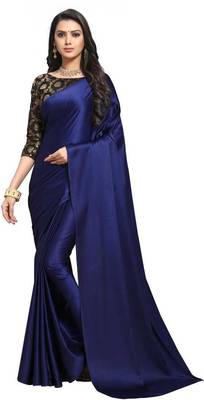 Navy Blue Satin Silk Saree With Jacquard Saree With Blouse Piece. 1