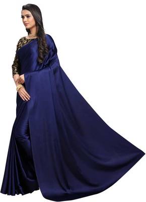 Navy Blue Satin Silk Saree With Jacquard Saree With Blouse Piece. 2