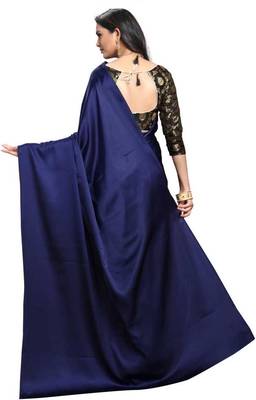 Navy Blue Satin Silk Saree With Jacquard Saree With Blouse Piece. 3