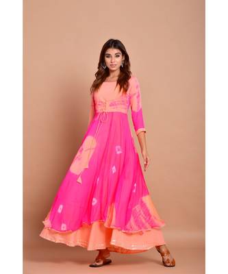 Pink bandhej chiffon long kurtis 1