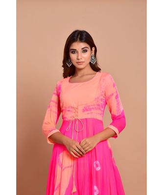 Pink bandhej chiffon long kurtis 4