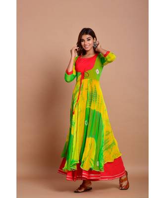 Green bandhej chiffon long kurtis 1