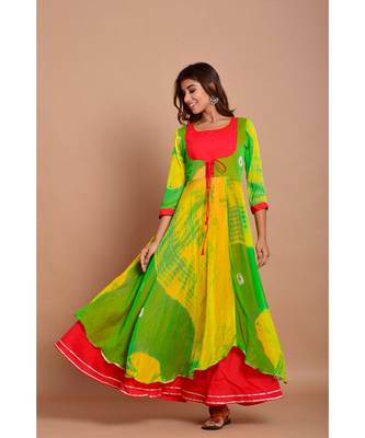 Green bandhej chiffon long kurtis 2