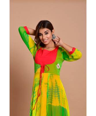 Green bandhej chiffon long kurtis 4