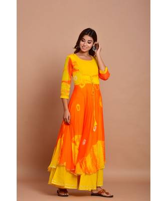 Orange bandhej chiffon long kurtis 1