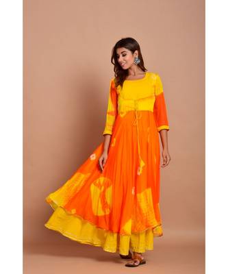 Orange bandhej chiffon long kurtis 2