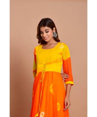Orange bandhej chiffon long kurtis 4