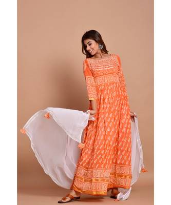 Orange bandhej cotton kurta sets 1
