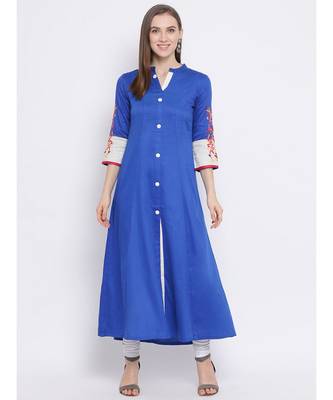 Women Blue Cotton Embroidered A-line Kurta 1