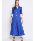 Women Blue Cotton Embroidered A-line Kurta