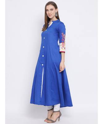 Women Blue Cotton Embroidered A-line Kurta 2