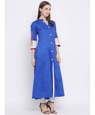 Women Blue Cotton Embroidered A-line Kurta 3