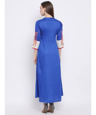 Women Blue Cotton Embroidered A-line Kurta 4