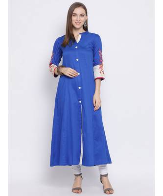 Women Blue Cotton Embroidered A-line Kurta 5