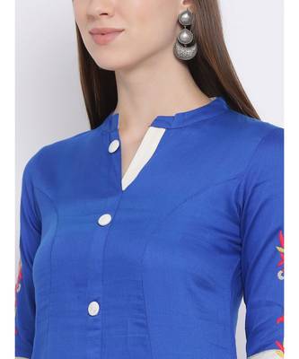 Women Blue Cotton Embroidered A-line Kurta 6