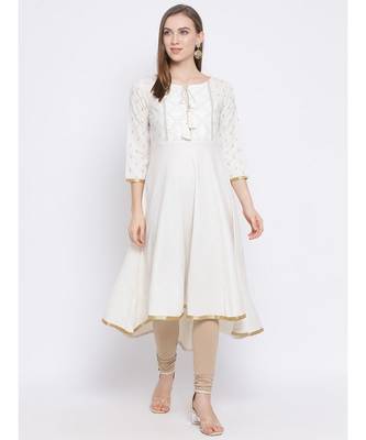 Women White Cotton Embroidered A-line Kurta 1