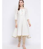Women White Cotton Embroidered A-line Kurta