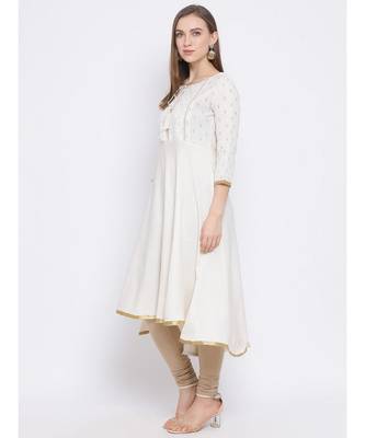 Women White Cotton Embroidered A-line Kurta 2