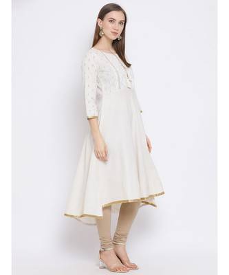 Women White Cotton Embroidered A-line Kurta 3