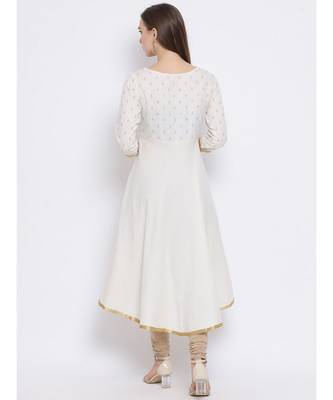 Women White Cotton Embroidered A-line Kurta 4