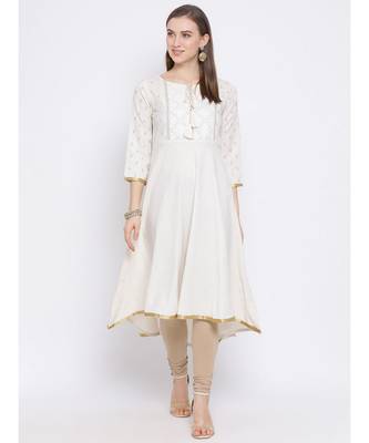 Women White Cotton Embroidered A-line Kurta 5