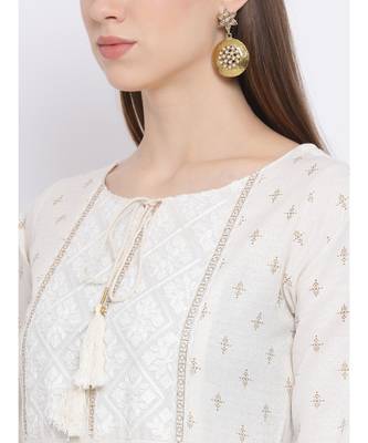 Women White Cotton Embroidered A-line Kurta 6