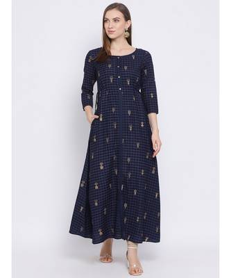 Women Blue Cotton Printed A-line Kurta 1