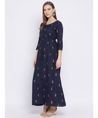 Women Blue Cotton Printed A-line Kurta 2