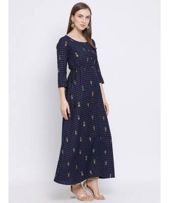 Women Blue Cotton Printed A-line Kurta 3