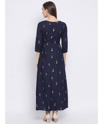 Women Blue Cotton Printed A-line Kurta 4
