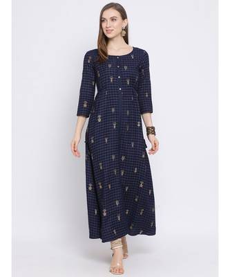 Women Blue Cotton Printed A-line Kurta 5