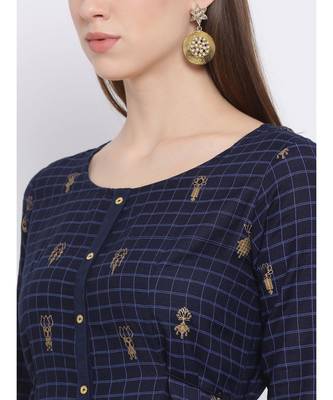 Women Blue Cotton Printed A-line Kurta 6