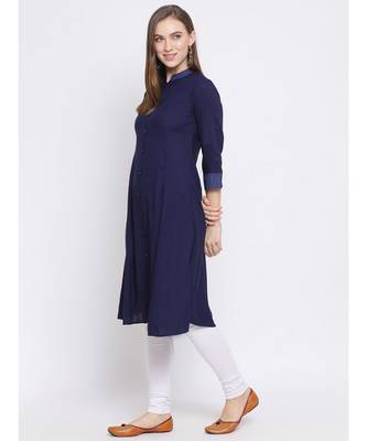 Women Blue Rayon Solid A-line Kurta 2