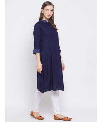 Women Blue Rayon Solid A-line Kurta 3