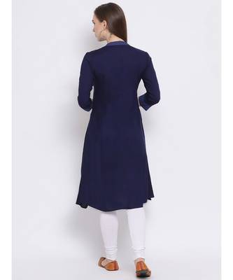 Women Blue Rayon Solid A-line Kurta 4