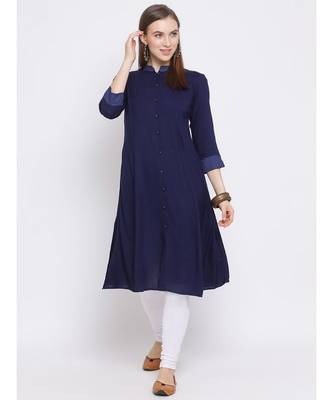 Women Blue Rayon Solid A-line Kurta 5
