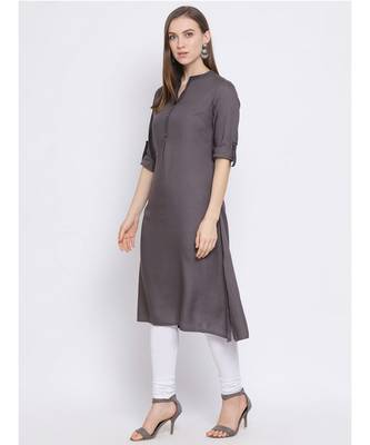 Women Grey Cotton Solid A-line Kurta 2