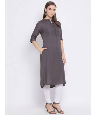 Women Grey Cotton Solid A-line Kurta 3