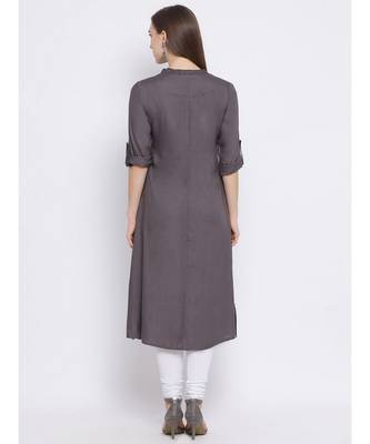 Women Grey Cotton Solid A-line Kurta 4