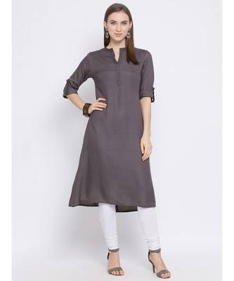 Women Grey Cotton Solid A-line Kurta 5