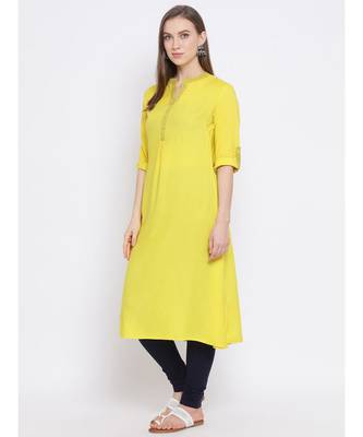 Women Yellow Cotton Solid A-line Kurta 2
