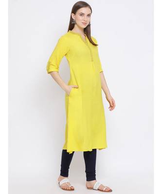 Women Yellow Cotton Solid A-line Kurta 3
