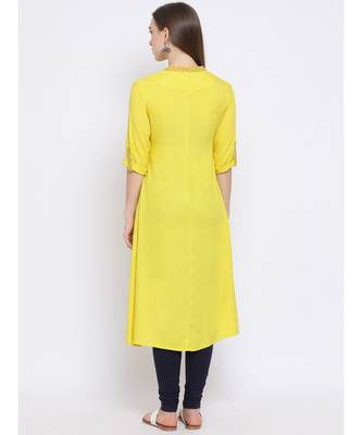 Women Yellow Cotton Solid A-line Kurta 4