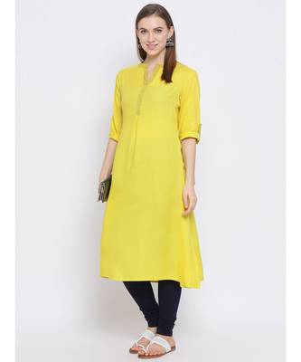 Women Yellow Cotton Solid A-line Kurta 5
