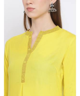 Women Yellow Cotton Solid A-line Kurta 6
